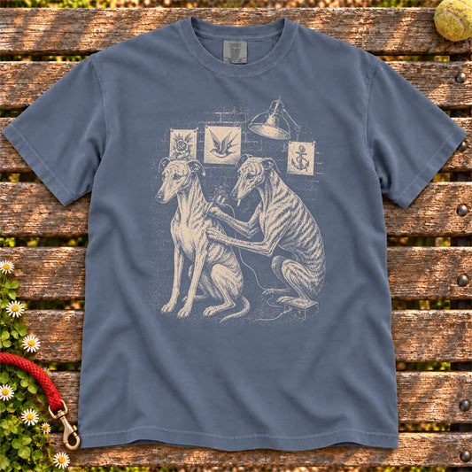 Greyhound Tattoo design on a Denim Comfort Colors T-shirt, shown flat