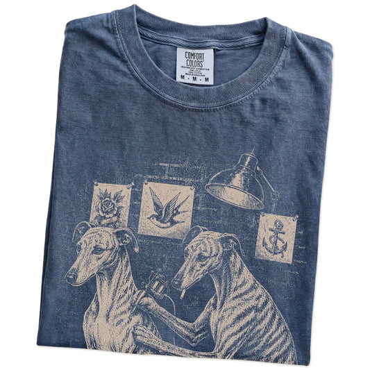 Folded Denim Greyhound Tattoo t-shirt showing the graphic