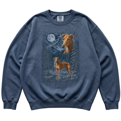denim sweatshirt with Greyhound Winter Moon artwork.