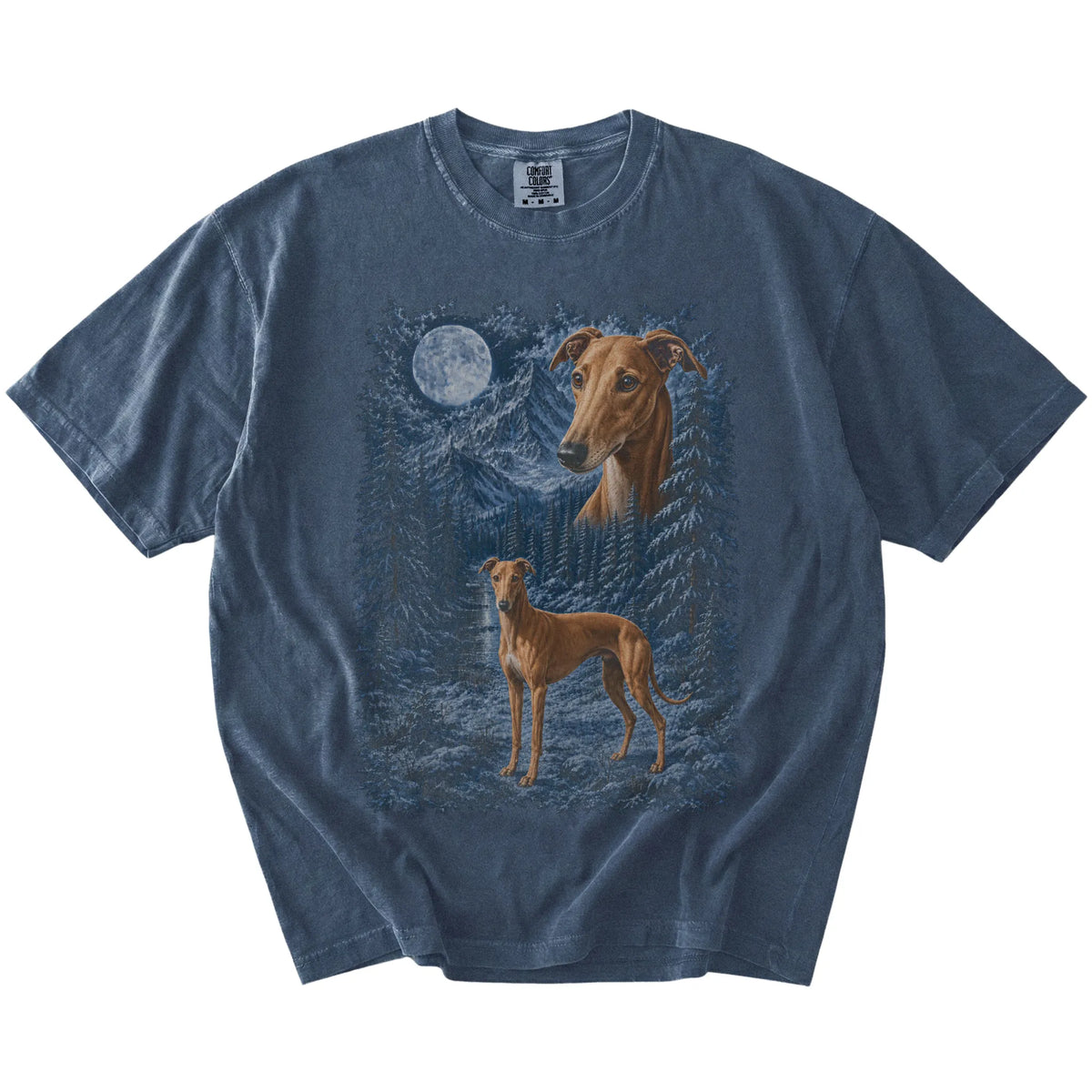 denim T-shirt with Greyhound Winter Moon artwork.