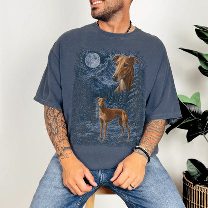 Model wearing a denim T-shirt with Greyhound Winter Moon artwork.