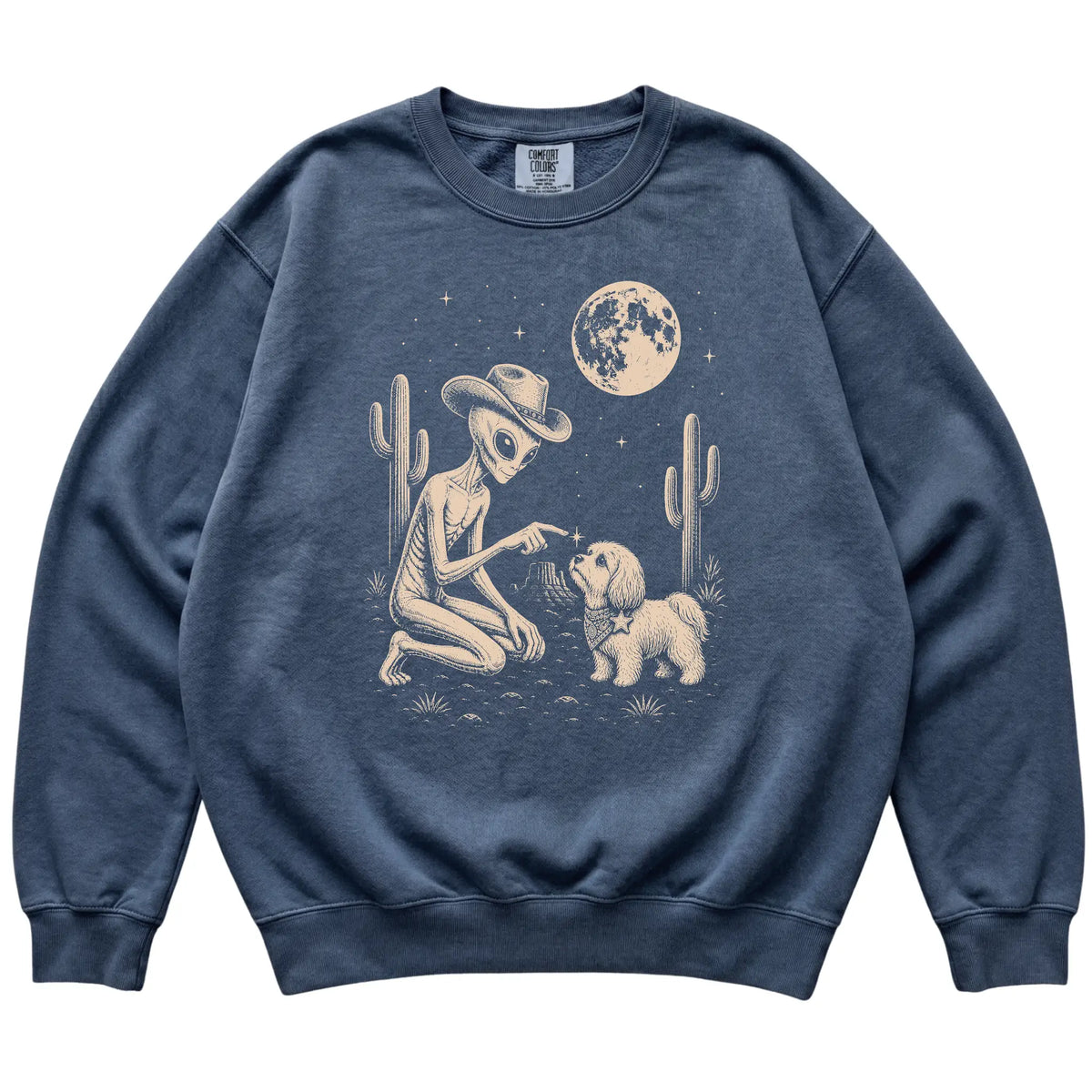 Denim Comfort Colors® sweatshirt featuring Havanese Cowboy and Alien, laid-flat presentation