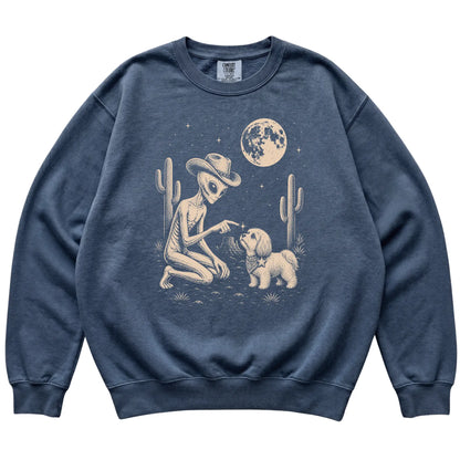 Denim Comfort Colors® sweatshirt featuring Havanese Cowboy and Alien, laid-flat presentation