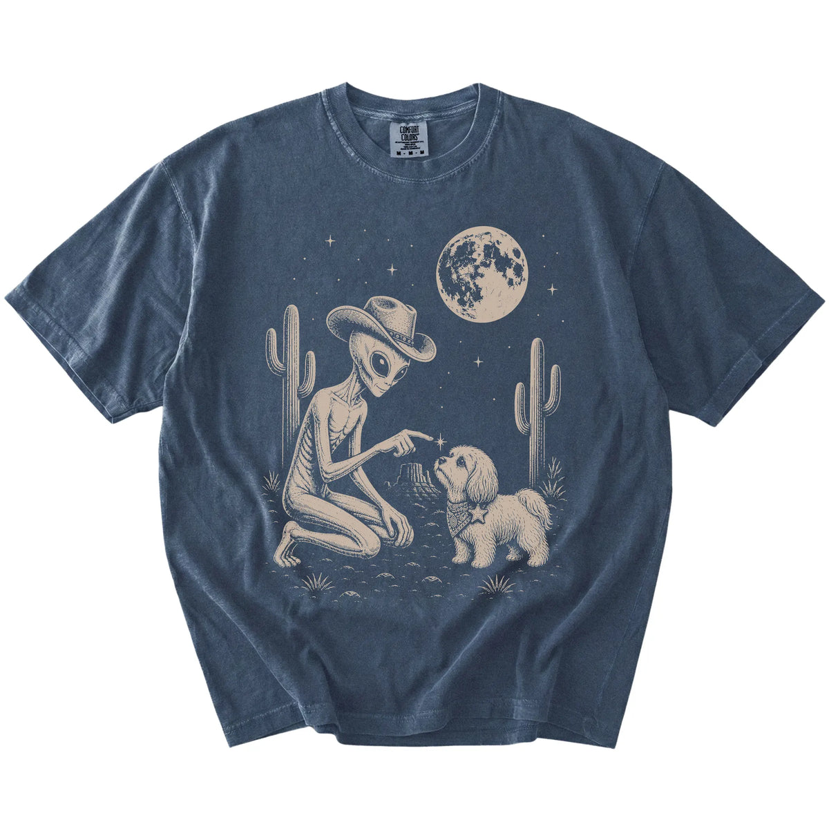 Cowboy alien fist-bumping a Havanese beneath the moon on a Denim Comfort Colors® T-shirt