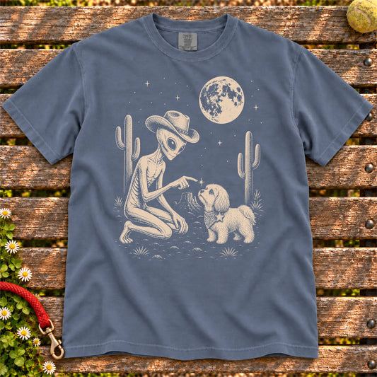 Havanese Cowboy and Alien on a Denim T-shirt, shown flat