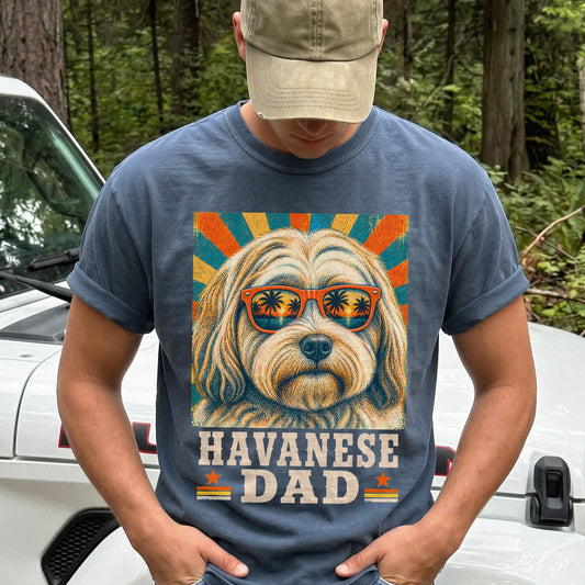 Retro Havanese Dad design on a Denim Comfort Colors T-shirt worn by a model