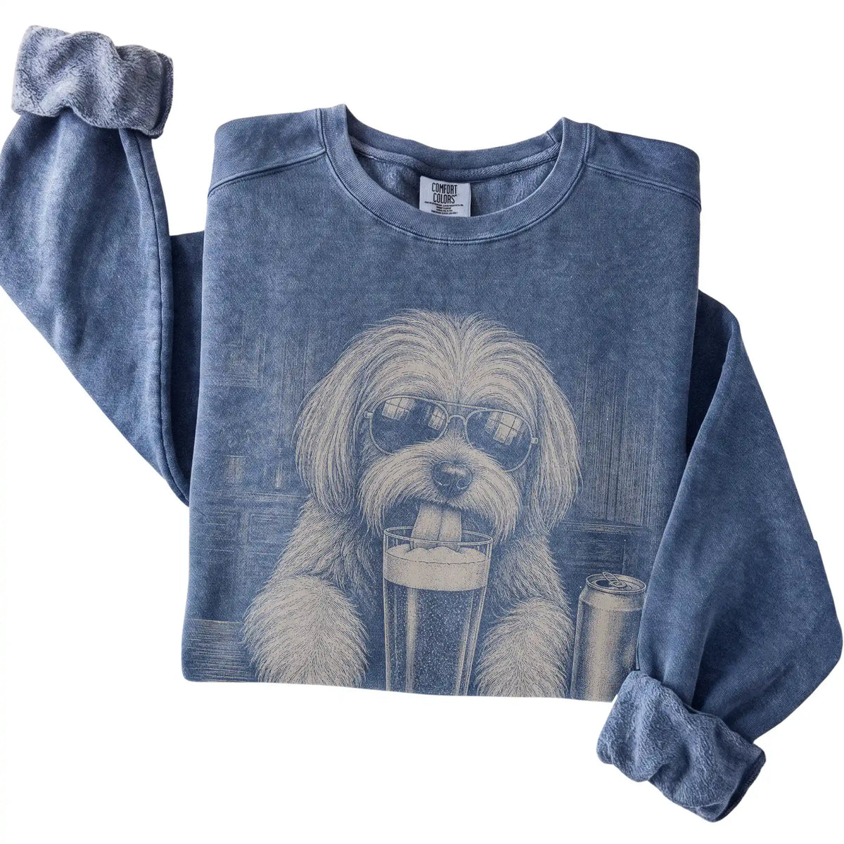 Denim Havanese drinking from a pint at a bar, folded detail view