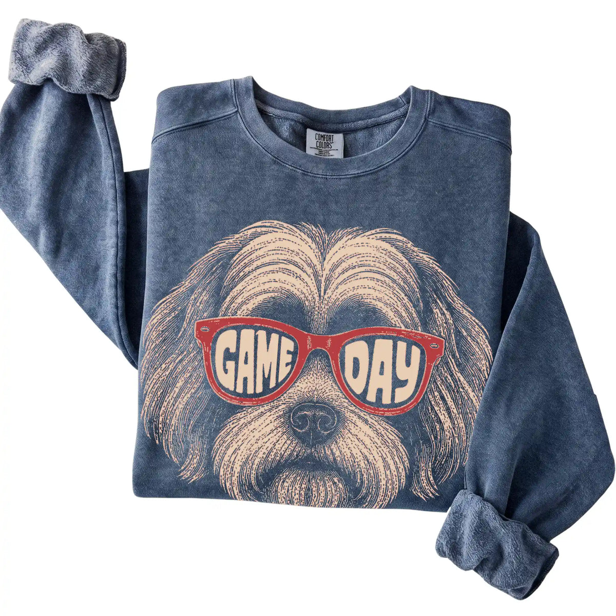 Denim Havanese Game Day Sunglasses sweatshirt, folded