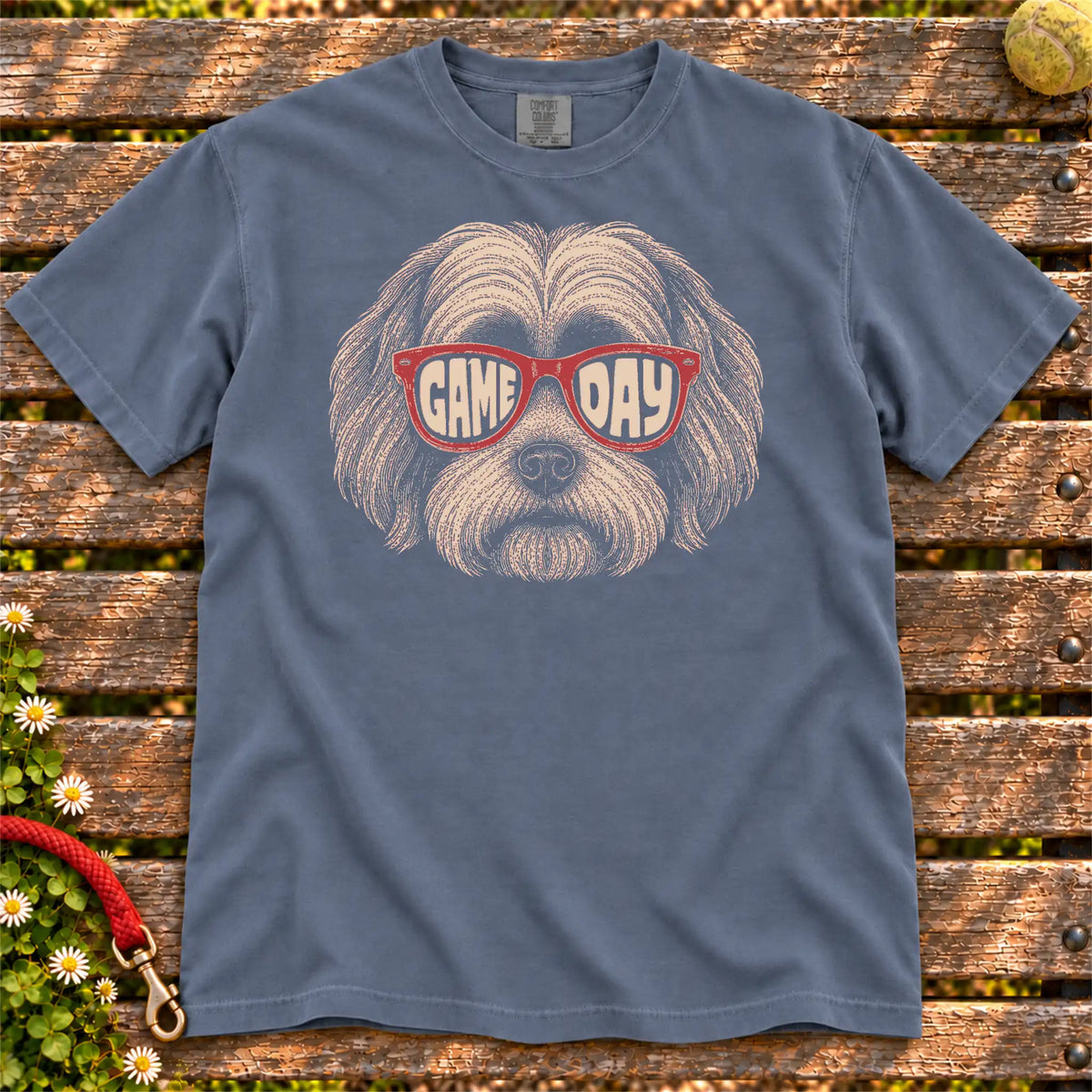 Havanese Game Day design on a Denim Comfort Colors T-shirt, shown flat