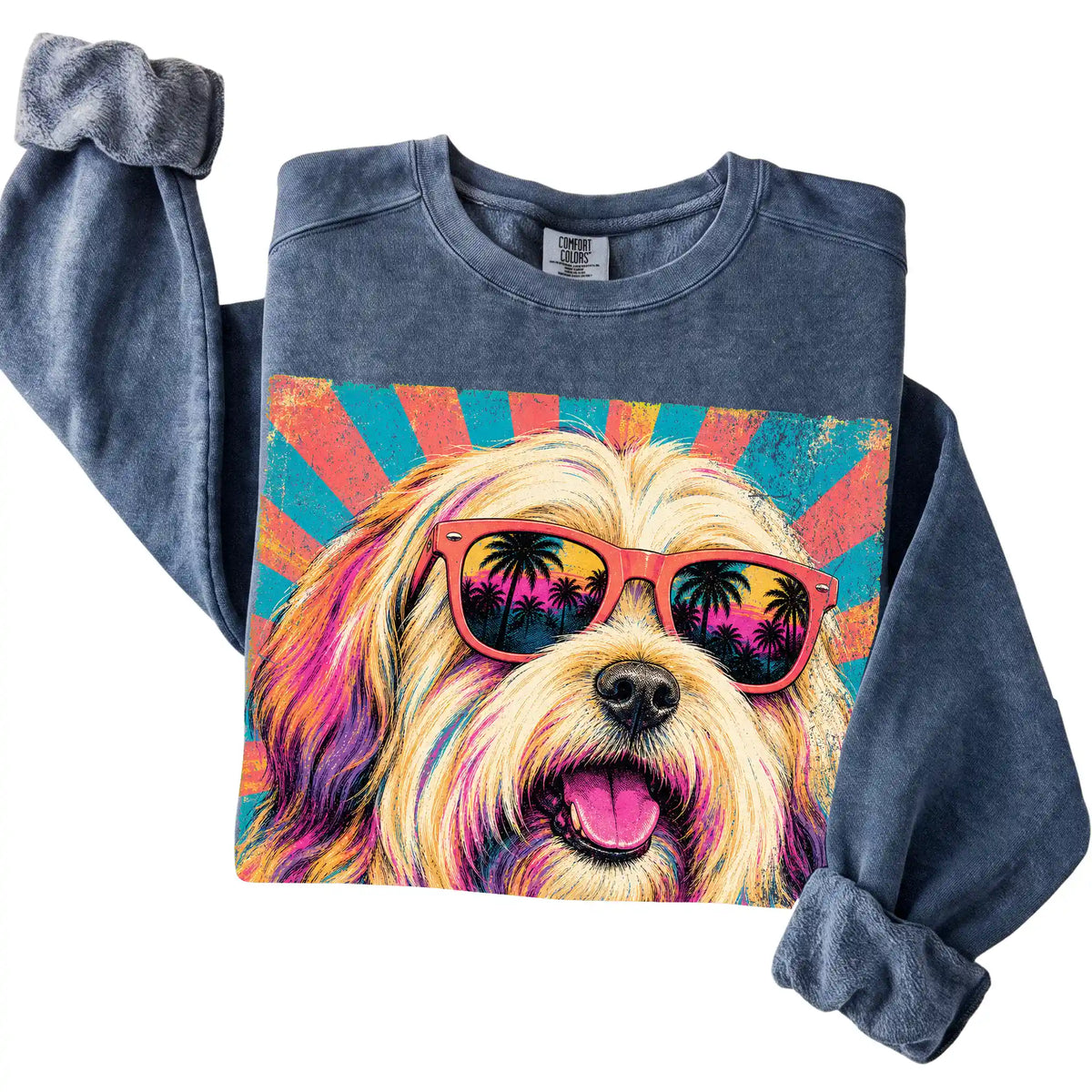Folded Denim Comfort Colors sweatshirt with a Retro Havanese Mama design