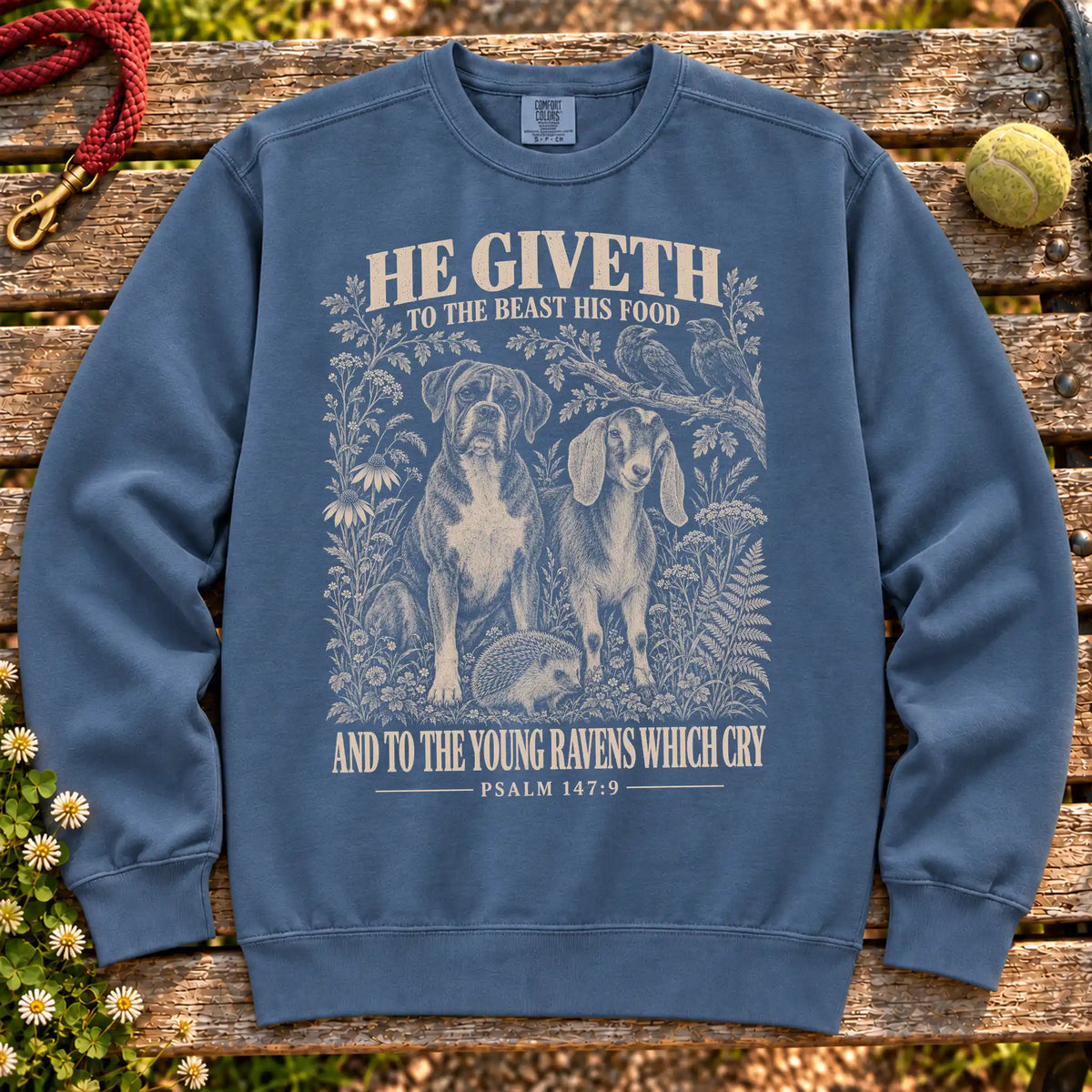 Denim He Giveth scripture Comfort Colors sweatshirt