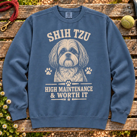 Denim Comfort Colors® sweatshirt featuring High Maintenance & Worth It - Shih Tzu, laid-flat presentation