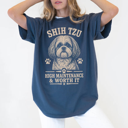Model wearing a Denim Comfort Colors® T-shirt featuring Shih Tzu design with “High Maintenance & Worth It” lettering