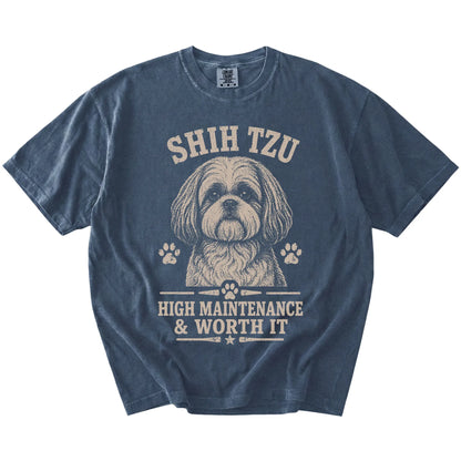Shih Tzu design with “High Maintenance & Worth It” lettering on a Denim Comfort Colors® T-shirt