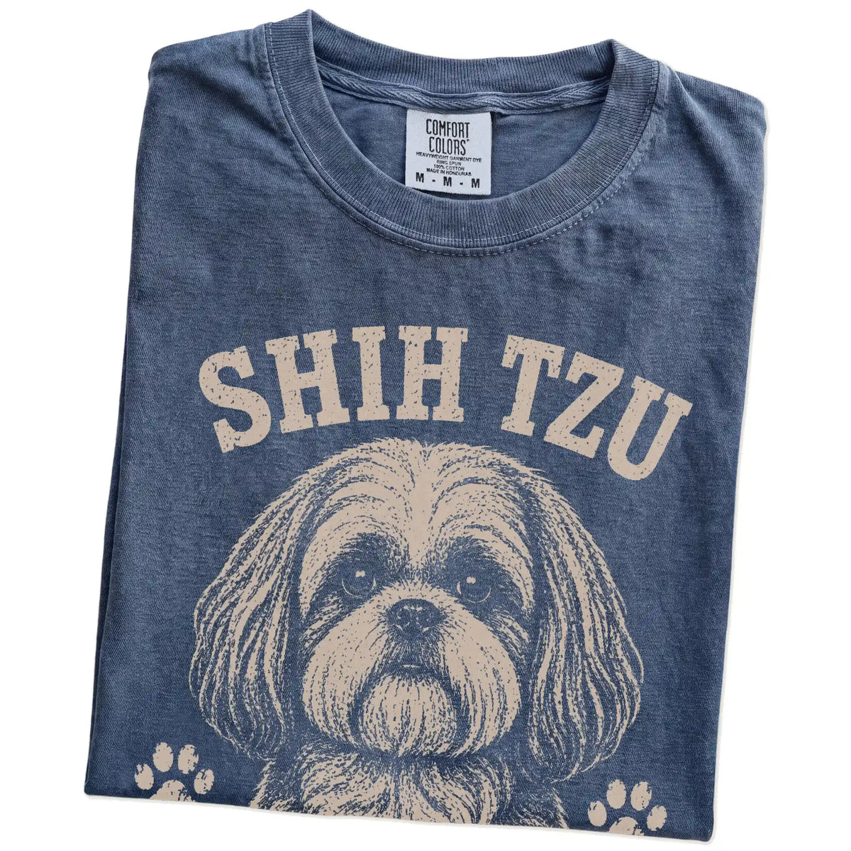 Folded Denim Comfort Colors® T-shirt showing Shih Tzu design with “High Maintenance & Worth It” lettering