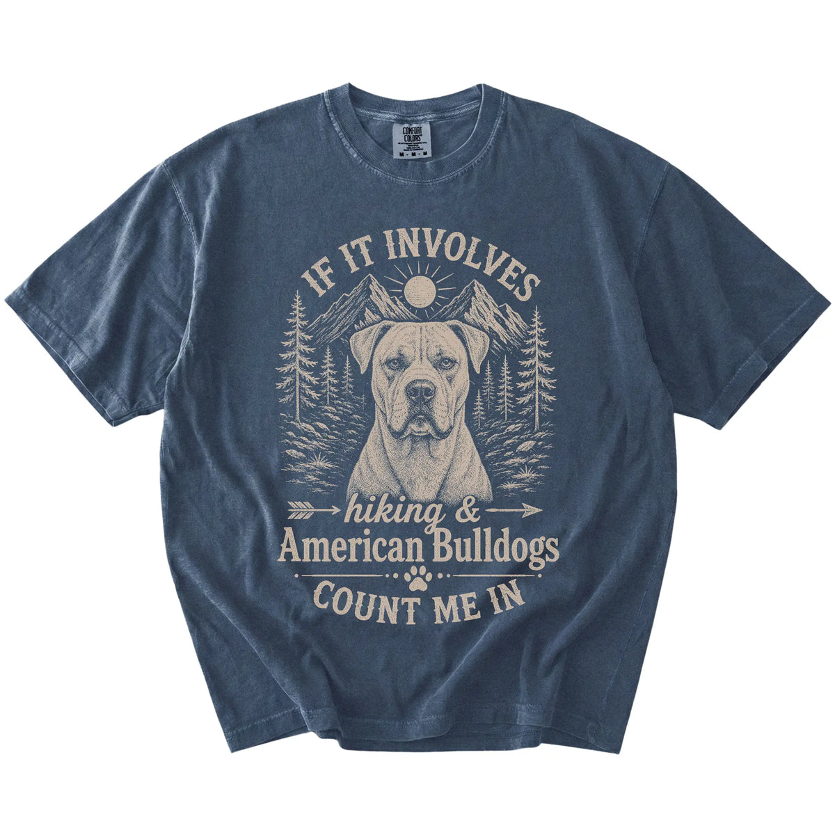 American Bulldog hiking design with mountain scenery on a Denim Comfort Colors® T-shirt