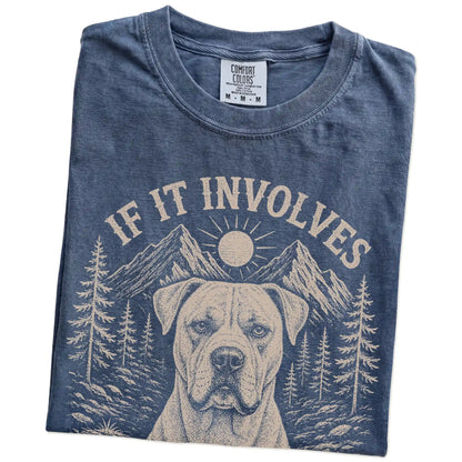 Folded Denim Comfort Colors® T-shirt showing American Bulldog hiking design with mountain scenery