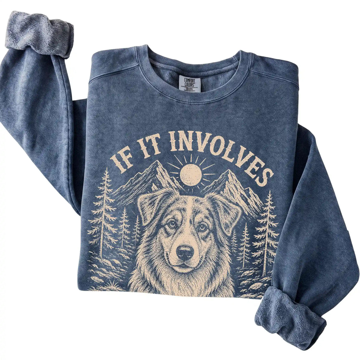 Denim Comfort Colors® sweatshirt featuring Hiking and Australian Shepherds, folded presentation