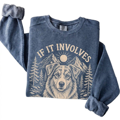 Denim Comfort Colors® sweatshirt featuring Hiking and Australian Shepherds, folded presentation