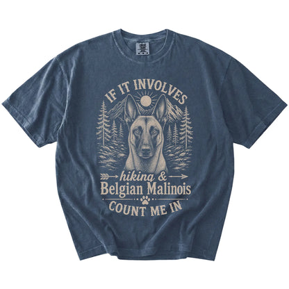 Belgian Malinois hiking design with mountain scenery on a Denim Comfort Colors® T-shirt