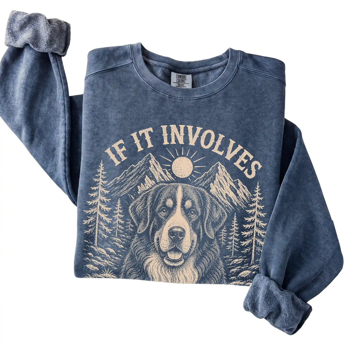 Denim Comfort Colors® sweatshirt featuring Hiking and Bernese Mountain Dogs, folded presentation