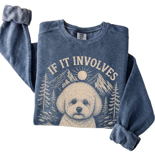 Denim Comfort Colors® sweatshirt featuring Hiking and Bichon Frises, folded presentation