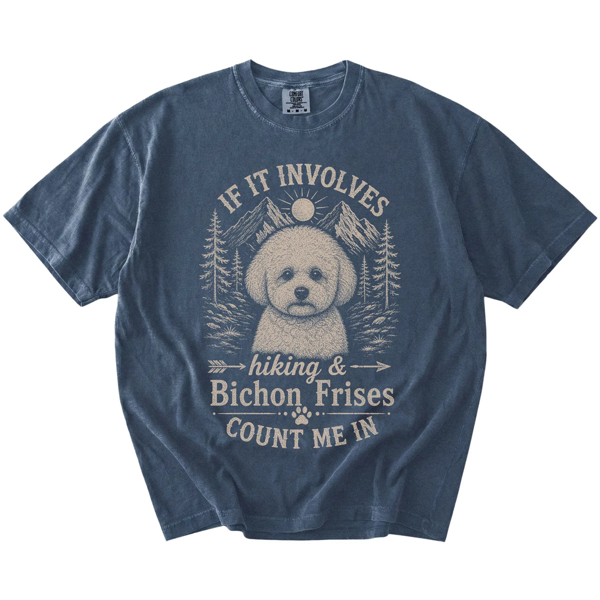Bichon Frise hiking design with mountain scenery on a Denim Comfort Colors® T-shirt