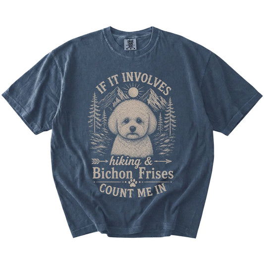 Bichon Frise hiking design with mountain scenery on a Denim Comfort Colors® T-shirt