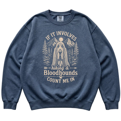 Denim Comfort Colors® sweatshirt featuring Hiking and Bloodhounds, laid-flat presentation