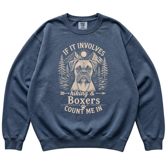 Denim Comfort Colors® sweatshirt featuring Hiking and Boxers, laid-flat presentation