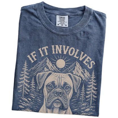 Folded Denim Comfort Colors® T-shirt showing Boxer hiking design with mountain scenery