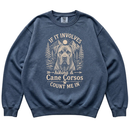 Denim Comfort Colors® sweatshirt featuring Hiking and Cane Corsos, laid-flat presentation
