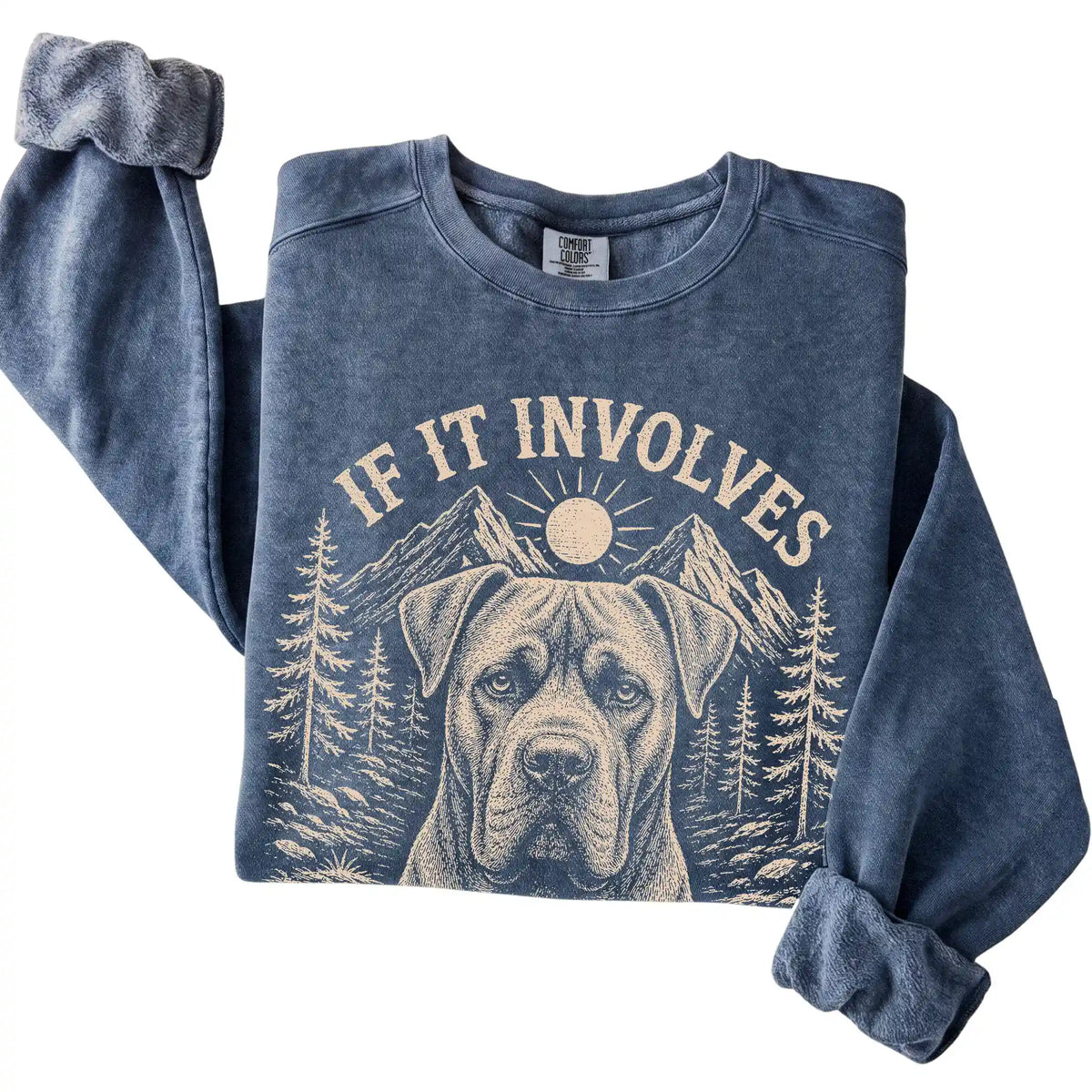 Denim Comfort Colors® sweatshirt featuring Hiking and Cane Corsos, folded presentation