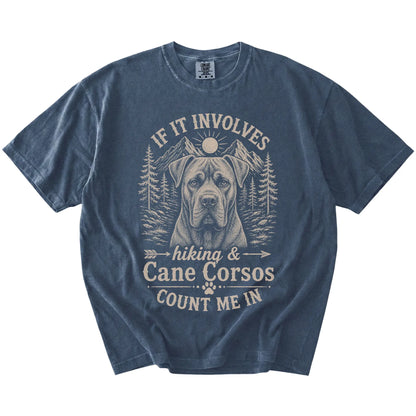 Cane Corso hiking design with mountain scenery on a Denim Comfort Colors® T-shirt