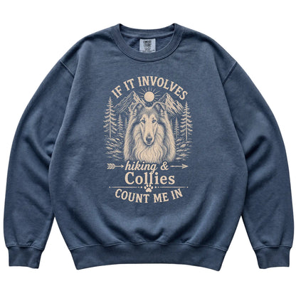 Denim Comfort Colors® sweatshirt featuring Hiking and Collies, laid-flat presentation