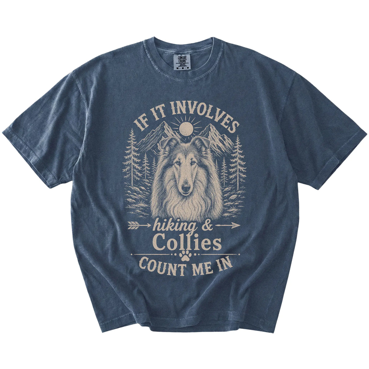 Collie hiking design with mountain scenery on a Denim Comfort Colors® T-shirt