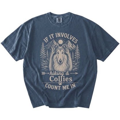 Collie hiking design with mountain scenery on a Denim Comfort Colors® T-shirt