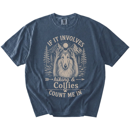 Collie hiking design with mountain scenery on a Denim Comfort Colors® T-shirt