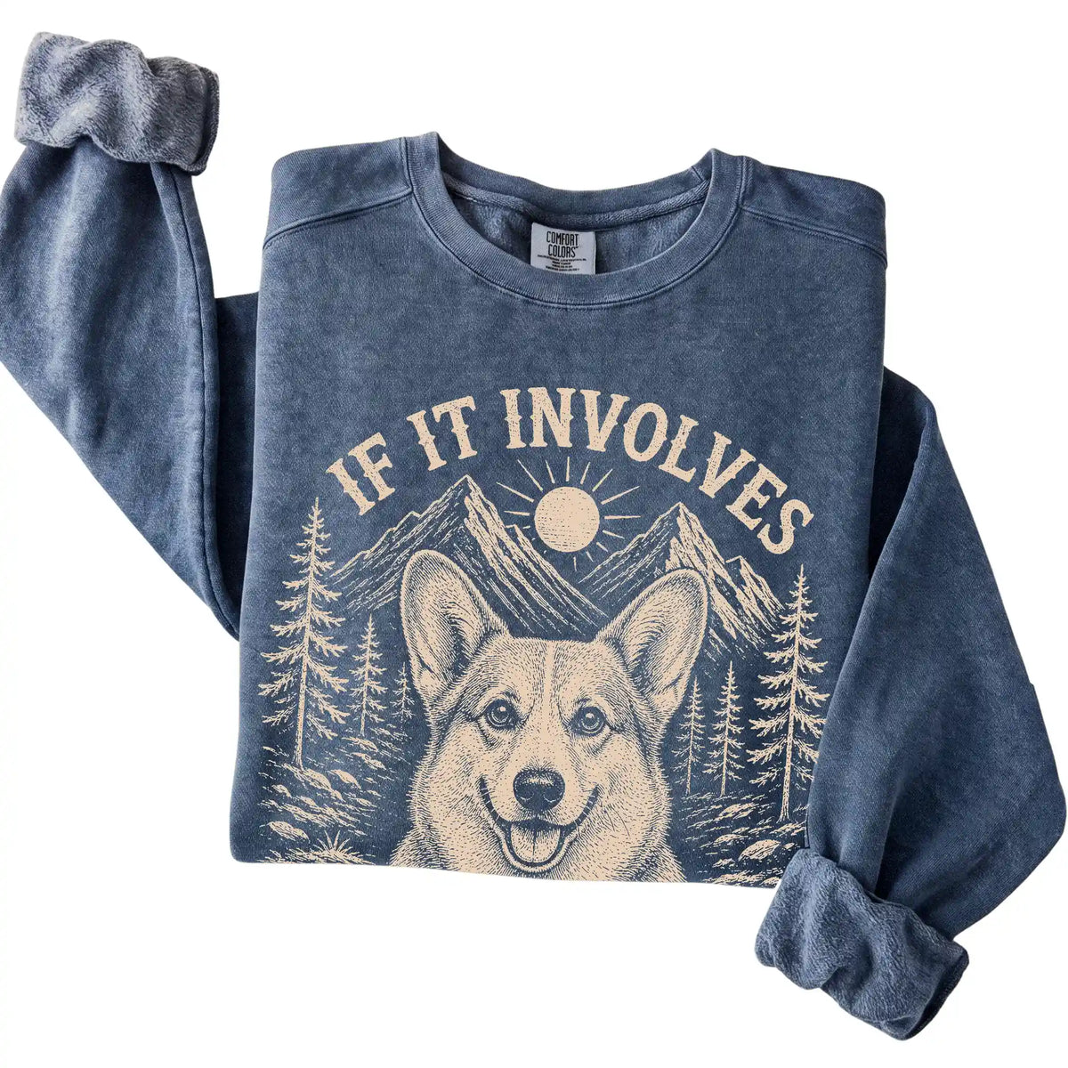 Denim Comfort Colors® sweatshirt featuring Hiking and Corgis, folded presentation