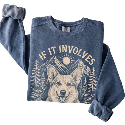 Denim Comfort Colors® sweatshirt featuring Hiking and Corgis, folded presentation