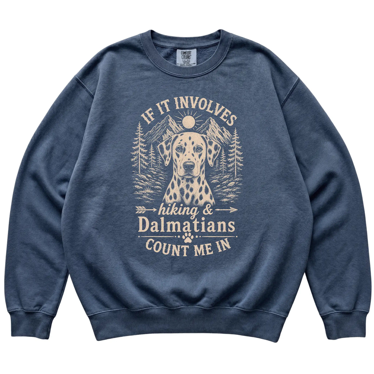 Denim Comfort Colors® sweatshirt featuring Hiking and Dalmatians, laid-flat presentation