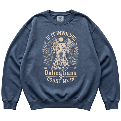 Denim Comfort Colors® sweatshirt featuring Hiking and Dalmatians, laid-flat presentation