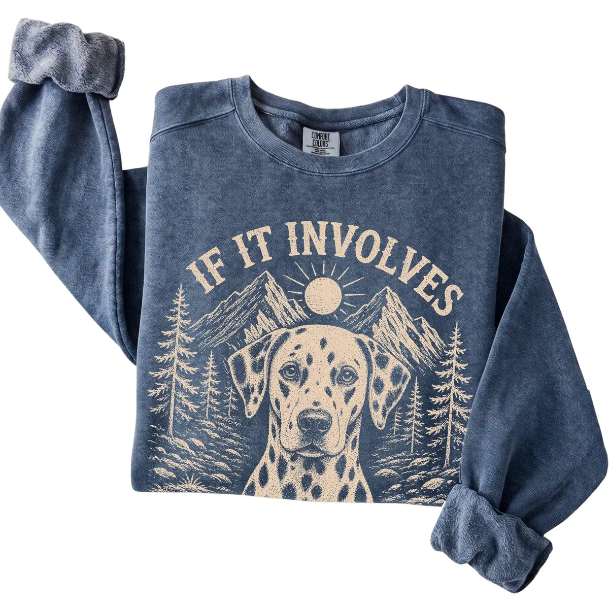 Denim Comfort Colors® sweatshirt featuring Hiking and Dalmatians, folded presentation