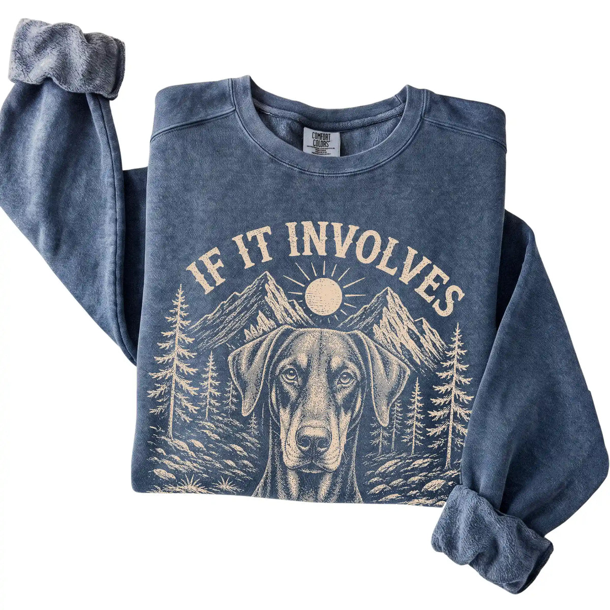 Denim Comfort Colors® sweatshirt featuring Hiking and Dobermans, folded presentation