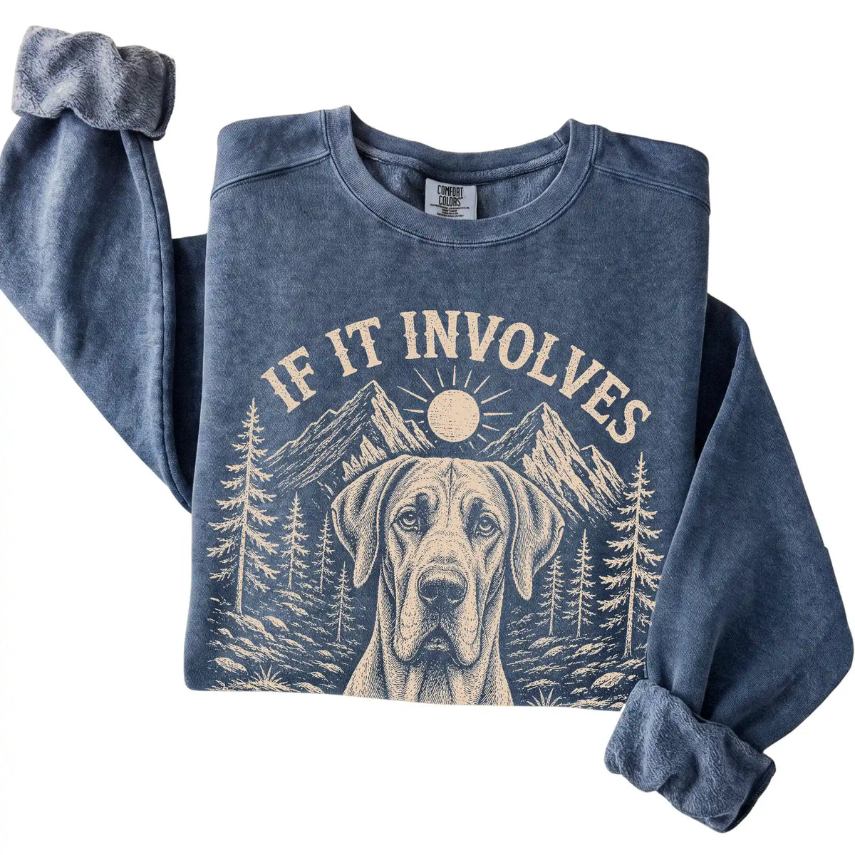 Denim Comfort Colors® sweatshirt featuring Hiking and Great Danes, folded presentation