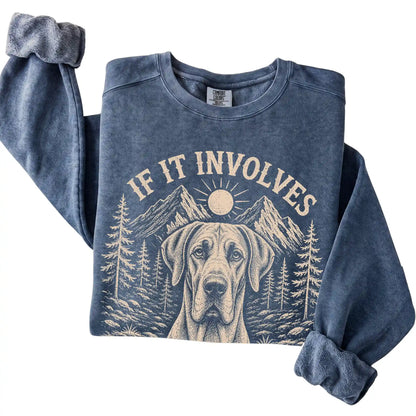 Denim Comfort Colors® sweatshirt featuring Hiking and Great Danes, folded presentation