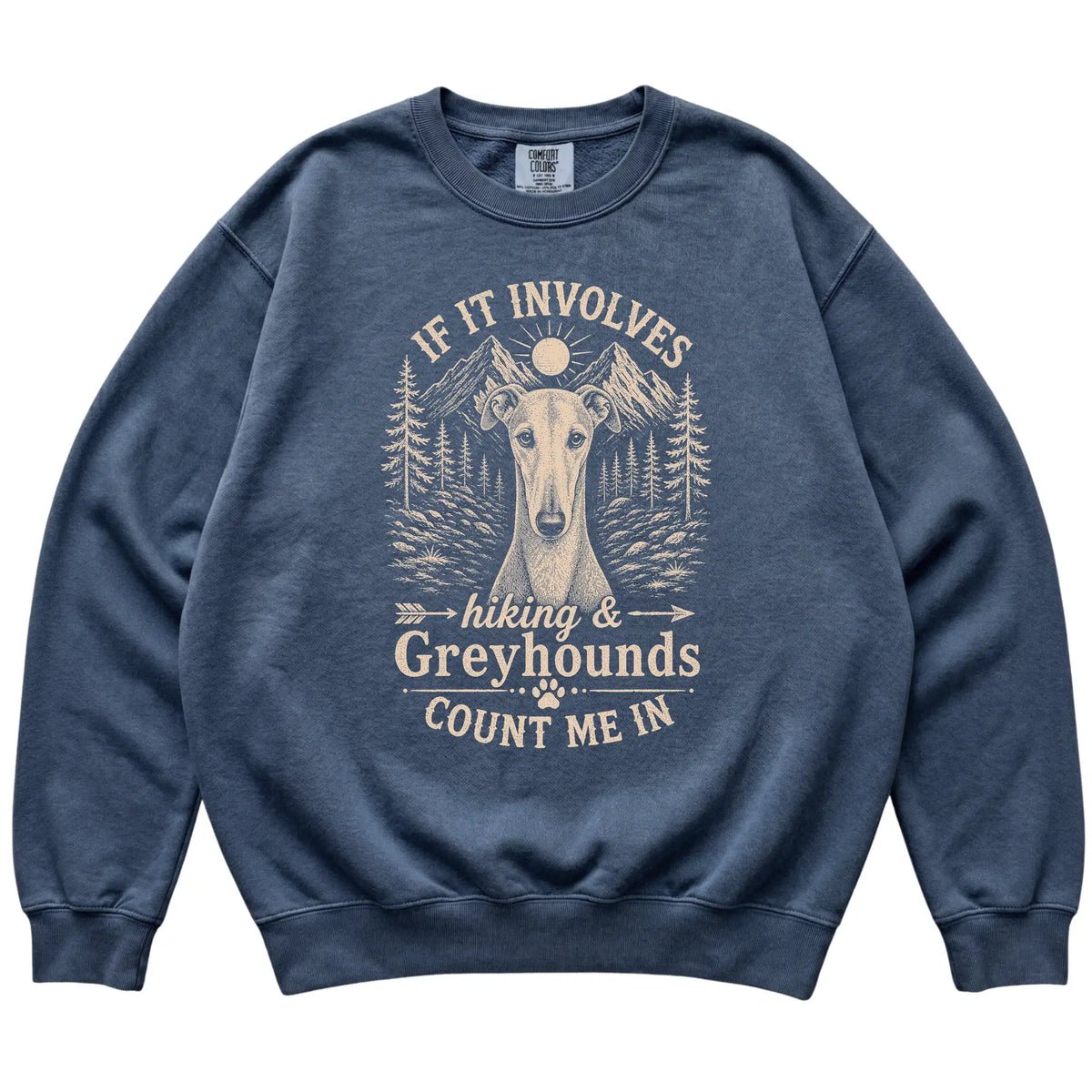 Denim Comfort Colors® sweatshirt featuring Hiking and Greyhounds, laid-flat presentation