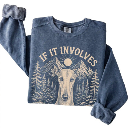 Denim Comfort Colors® sweatshirt featuring Hiking and Greyhounds, folded presentation