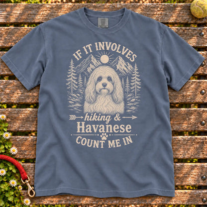 Hiking and Havanese design on a Denim Comfort Colors T-shirt, shown flat