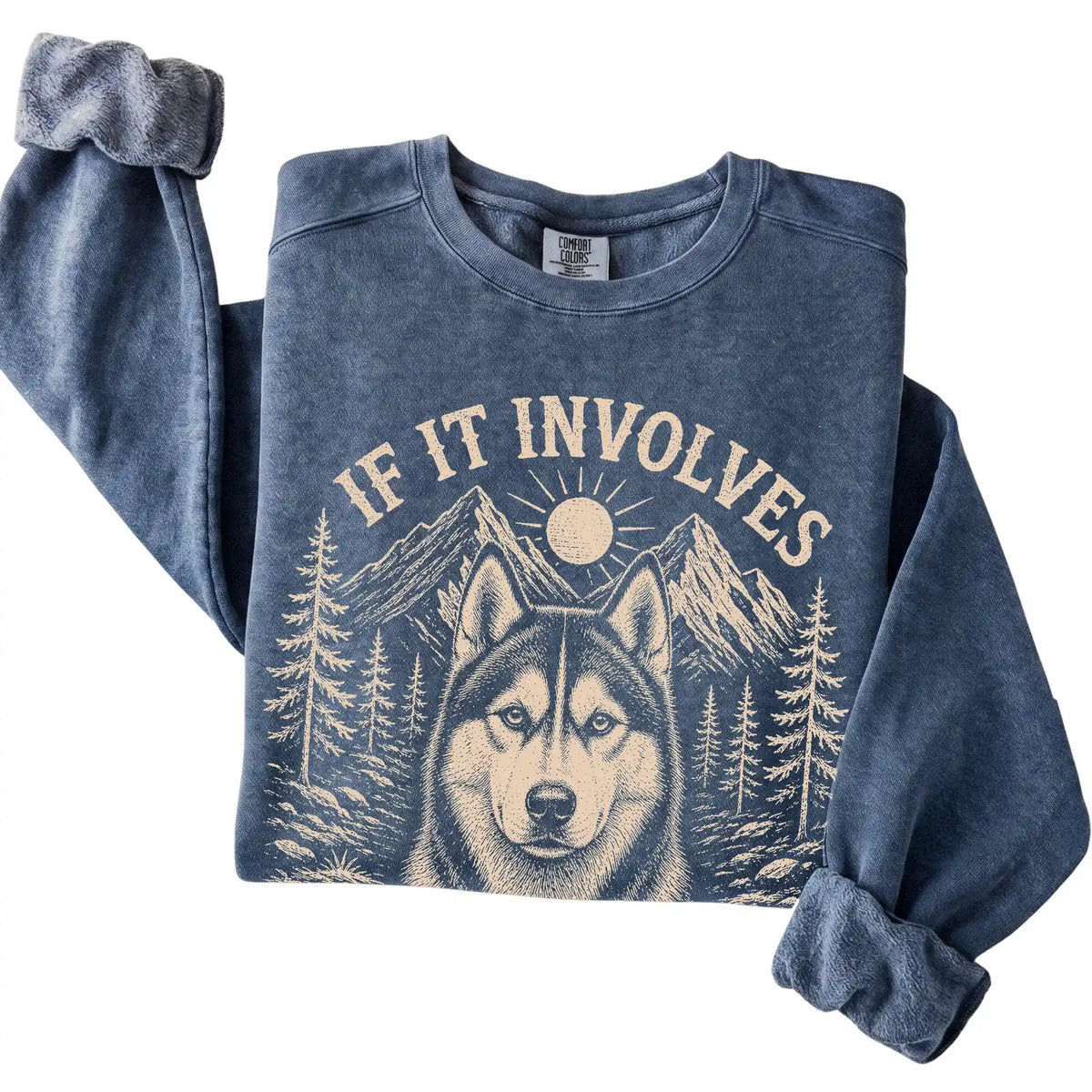 Denim Comfort Colors® sweatshirt featuring Hiking and Huskies, folded presentation
